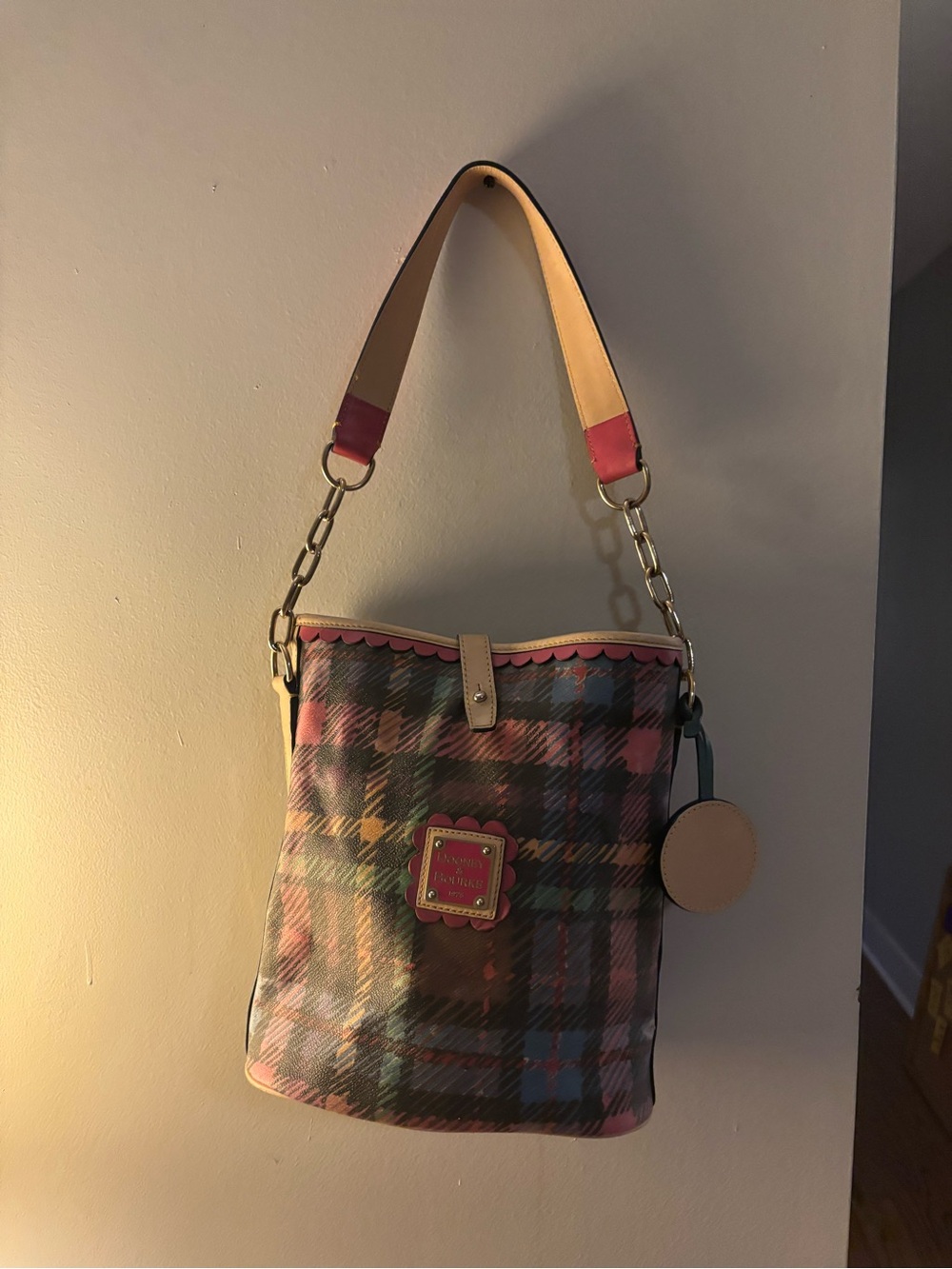 Dooney & Bourke Multicolor Plaid Shoulder Bag with Pink Trim